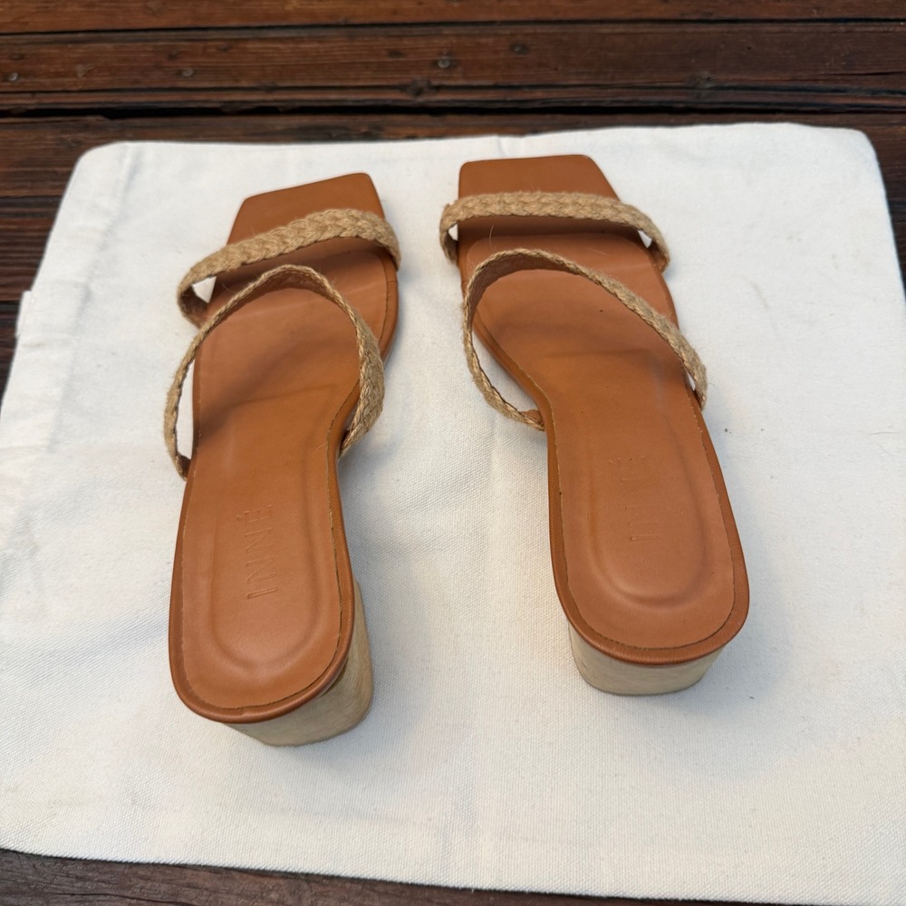 INNE Tania 2-Strap Heel Natural Abaca Braided Wood Block Sandals Women Size 10 - Picture 5 of 11